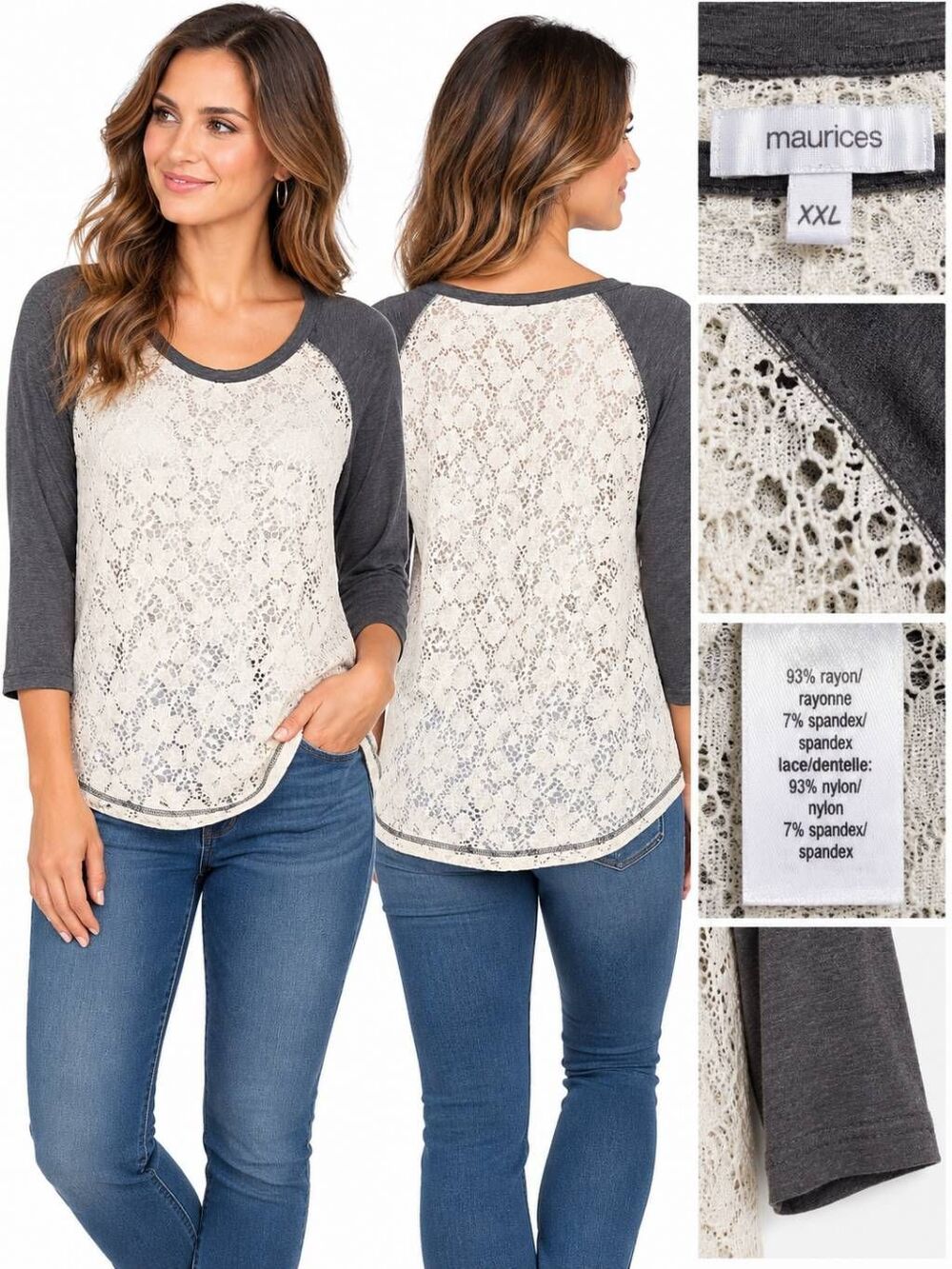 Maurices Women’s Gray White Lace Front Raglan 3/4 Sleeve Top Size 0x